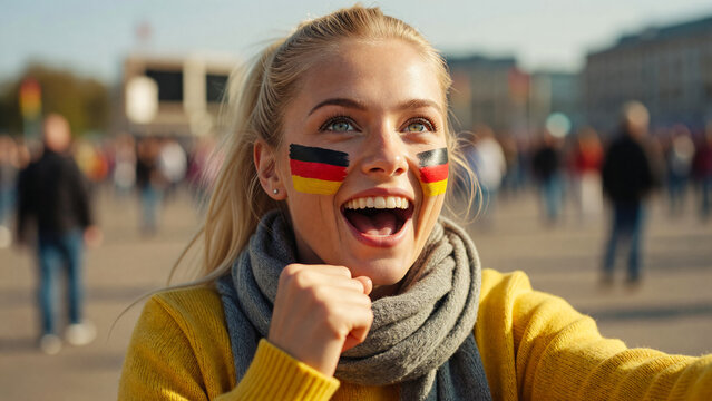 Joyful female sports fan with German flag paint cheering at outdoor festival, national celebration and sports event excitement