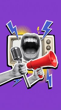retro collage of open mouth, microphone, and megaphone on vibrant purple background