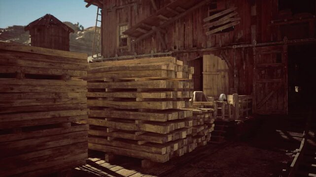 Stacked timber outdoors at workshop, sunlit grain and sharp shadow contrasts, weathered planks and pallets piled beside rustic building, gritty industrial