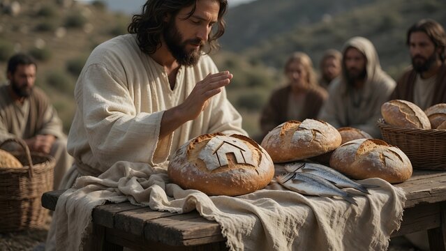 Jesus blessing five loaves and two fish while one loaf bears a subtle house-like mark on its surface