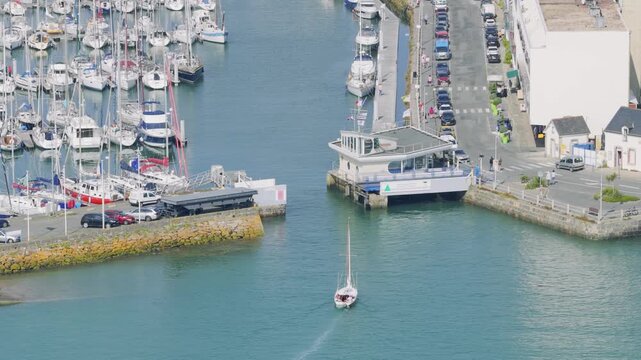 A high-angle aerial shot of the entrance to the marina in Binic, Brittany, France.