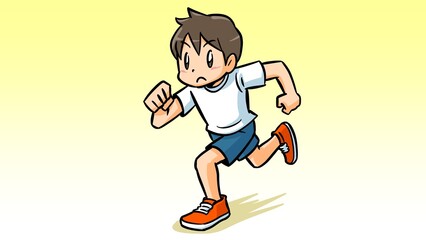 Boy running fast on light yellow background