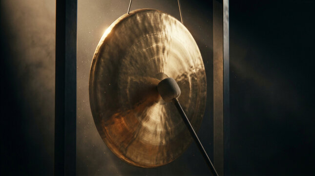 Bronze gong struck by a mallet in a dark room. Metallic percussion instrument suspended on a stand. Musical equipment used for sound production and resonance in orchestral setting