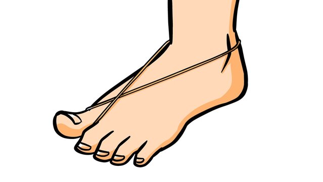 Barefoot with rubber band crossed on instep