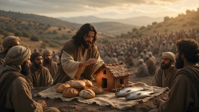 Jesus blessing five loaves and two fish beside a small clay model of a house, symbolizing the Kingdom hidden in humble scale