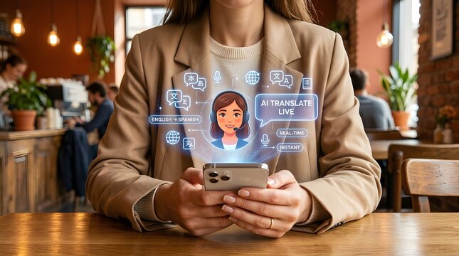 Woman holding smartphone displaying ai translation interface in a cafe