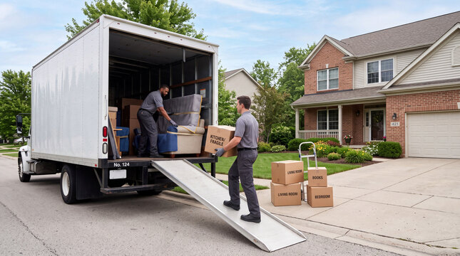 Two men loading moving boxes and furniture into a white moving truck on a residential street in front of a house. Concept of home relocation, moving day.
