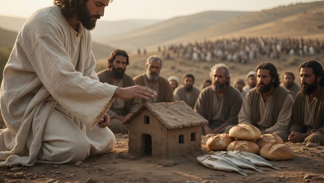 Jesus blessing five loaves and two fish beside a small clay model of a house, symbolizing the Kingdom hidden in humble scale