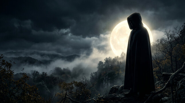 Man wearing hooded cloak standing on rocky cliff overlooking misty forest landscape under full moon. Silhouette of figure in dark mantle. Atmospheric scene for Halloween concept