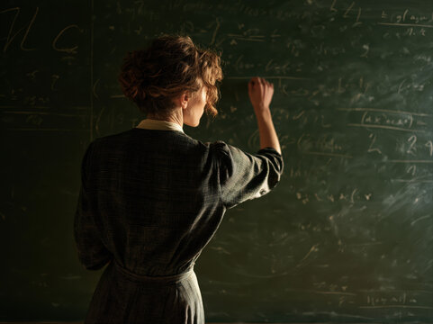 A woman in vintage clothing writing on a chalkboard with complex equations. She has her hair styled up and is looking intently at the board AI generative