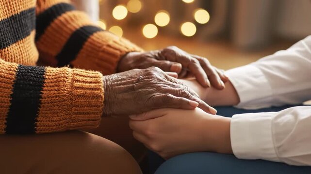 Closeup of supportive hands of different ages and skin tones