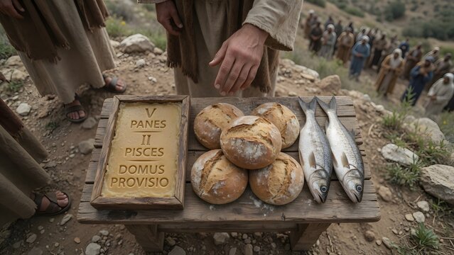 Jesus blessing five loaves and two fish beside a simple wax tablet used to count household provisions