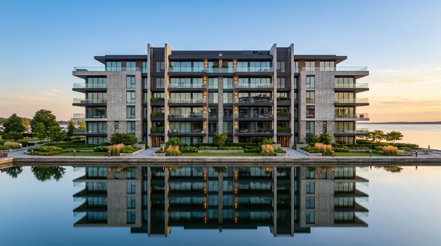 Modern luxury waterfront condominium building reflecting on calm lake at golden hour sunset
