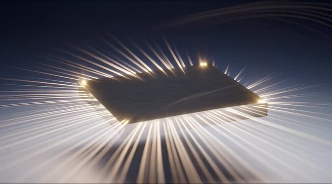 Abstract technological core emitting radiant energy beams, symbolizing rapid data transfer and advanced innovation in a futuristic digital realm