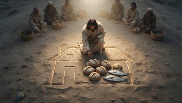 Jesus blessing five loaves and two fish as a simple house outline appears in the surrounding dust