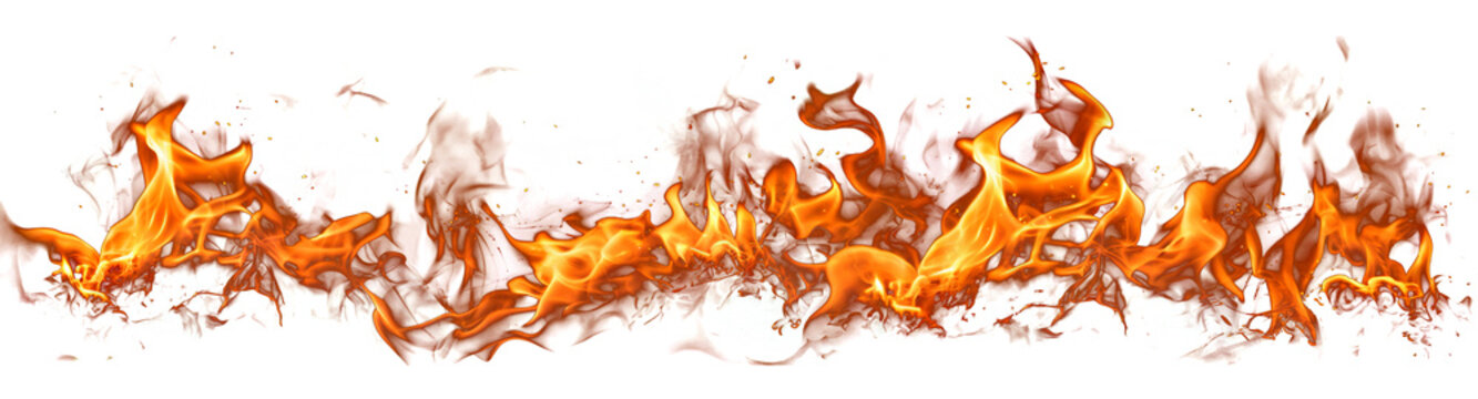 Vibrant orange and yellow flames with embers rising against a transparent background representing intense heat and energy in a fiery display transparent background