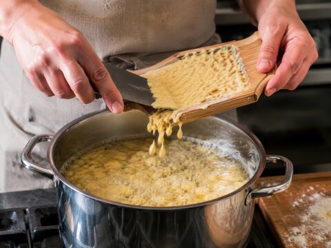 Sp&auml;tzle werden frisch vom Brett ins kochende Wasser geschabt: H&auml;nde bereiten die traditionelle schw&auml;bische Beilage direkt am Topf zu &ndash; deutscher Klassiker und echte Hausmannskost.