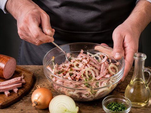 Wurstsalat wird frisch in der Sch&uuml;ssel gemischt: H&auml;nde vermengen Wurststreifen mit Zwiebelringen, Kr&auml;utern und Marinade &ndash; herzhafter deutscher Klassiker der s&uuml;ddeutschen K&uuml;che.
