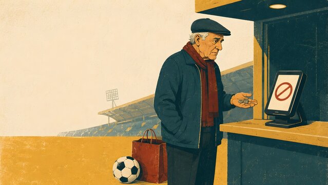sports football elderly supporter facing digital ticket rejection at a stadium entrance


