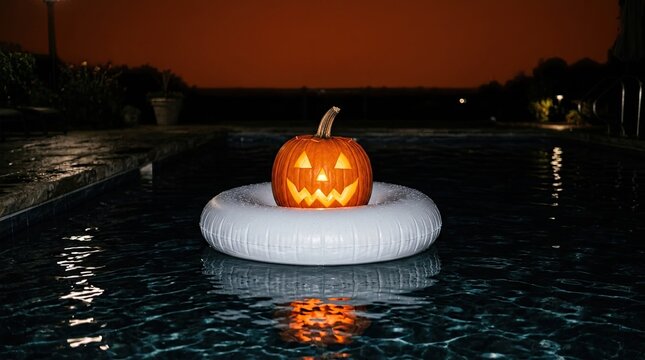 A carved glowing jack o lantern pumpkin floating in a swimming pool at night during the halloween season