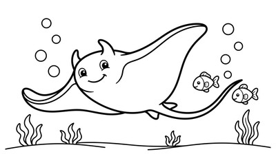 Obraz premium Cartoon manta ray swimming with small fish in underwater scene isolated on transparent background, isolated on white background, Vector See animal coloring page design editable vector design 2026