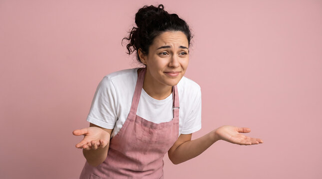 Confused Young Female Baker Shrugging Shoulders on Pink Background