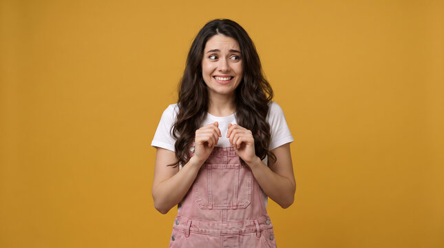 Nervous Young Woman in Apron Smiling Awkwardly on Yellow Background