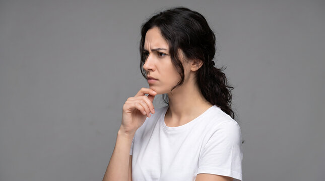 Thoughtful Young Woman Touching Chin Looking Away in Doubt