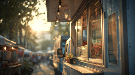 Fototapeta premium Food truck parked on a city street at sunset with bokeh lighting.