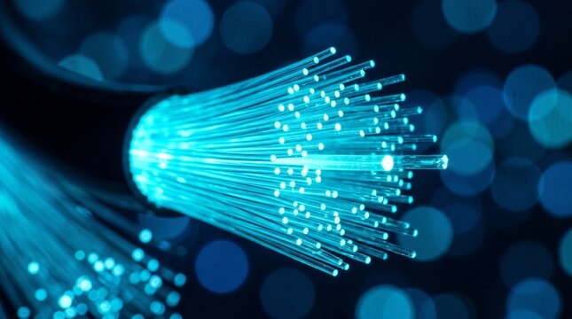 Fiber optic cable close up high speed data transmission technology with blue light effects