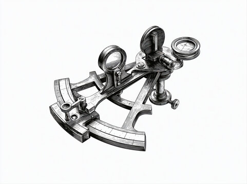 A vintage sextant, a navigational instrument, displayed against a clean background. The metallic device features intricate gears and sighting mechanisms. AI generative