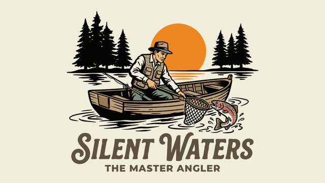 Vintage fisherman in rowboat catching trout with landing net at sunset illustration for silent waters themed t-shirt design print and outdoor apparel