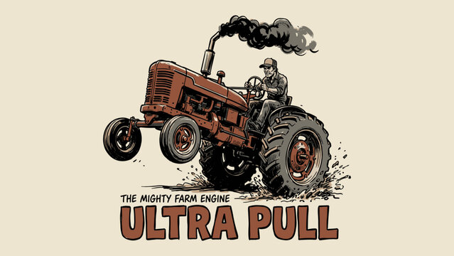 Vintage Red Farm Tractor Ultra Pull Engine Illustration with Farmer Driver and Black Smoke for T-Shirt Design Print and Apparel Graphic