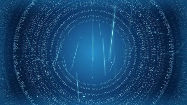 Abstract digital data tunnel with rotating binary code circles and glowing blue light particles