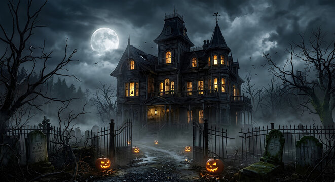Spooky haunted house under full moon on a dark night, Halloween background illustration