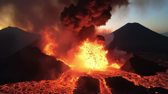 Volcanic eruption with lava and smoke in mountainous landscape at sunset