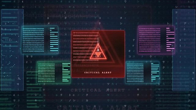 Digital Cyber Security Interface with Critical Alert Warning and Glitching Data Stream Background