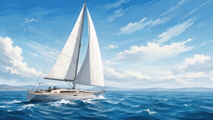 Fototapeta premium White sailboat glides across a vast blue ocean under a cloudy sky