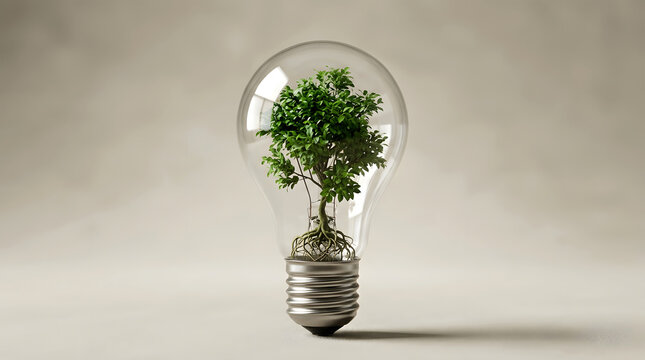 A conceptual image showing green technology digital design and innovation through a small tree growing inside a light bulb