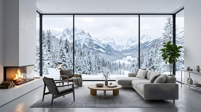 A comfortable and modern living room interior features expansive windows with a stunning view of a winter mountain landscape covered in snow