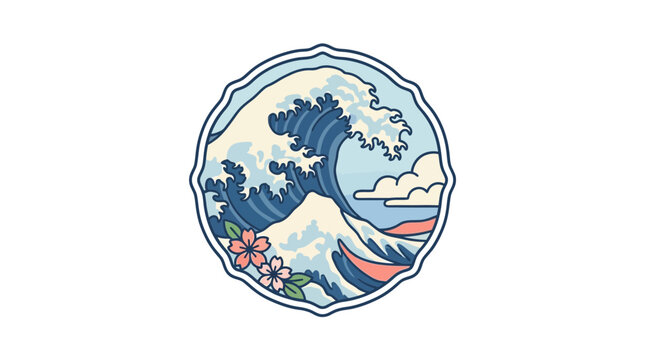 Japanese Art Style Circular Illustration Featuring a Great Wave, Mount Fuji, and Sakura Blossoms