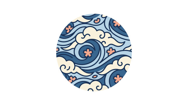 Traditional Japanese Style Pattern with Blue Ocean Waves White Clouds and Pink Cherry Blossoms in a Circle