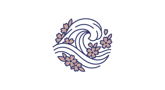 Elegant Japanese Style Wave and Cherry Blossom Sakura Floral Vector Illustration in Circular Zen Design