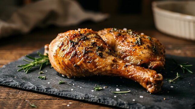 A delicious roasted chicken leg served on a dark stone board for a festive dinner celebration to wish everyone a happy halloween tonight