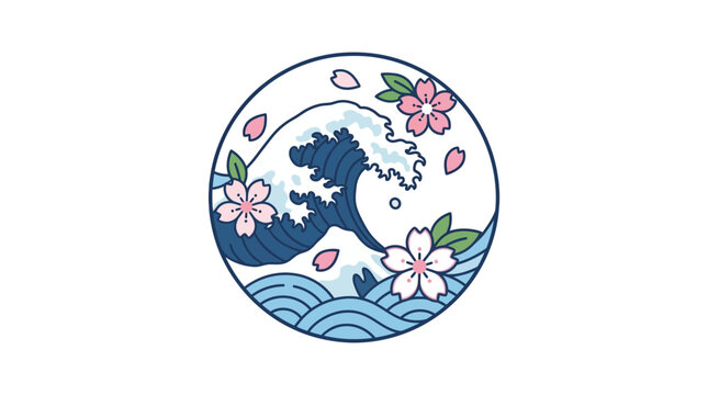 Japanese Style Ocean Wave with Pink Cherry Blossoms in a Circular Frame Vector Illustration