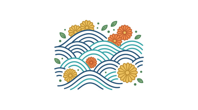 Abstract Japanese Style Illustration with Blue Ocean Waves and Yellow Chrysanthemum Flowers for Zen Nature Design