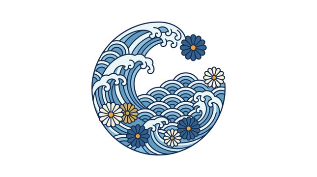 Traditional Japanese Style Circular Wave Illustration with Stylized Ocean Water and Floral Elements