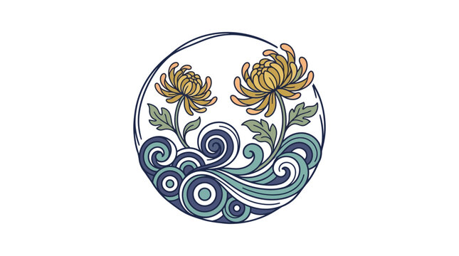 Traditional Japanese Art Illustration featuring Stylized Chrysanthemum Flowers and Ocean Wave Patterns in a Circular Frame