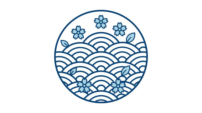 Japanese Style Blue Circular Illustration with Traditional Seigaiha Wave Patterns and Sakura Cherry Blossoms