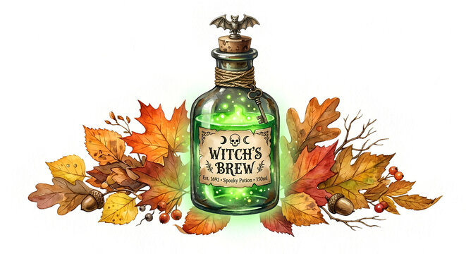 Magical green potion bottle labeled Witch's Brew with autumn leaves isolated on white background